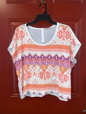 GAP White Short-Sleeve Scoop Neck Tunic with Coral, Purple, Gold Print